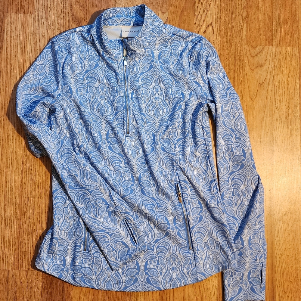 Laura Ashley Blue and White Patterned Quarter-Zip Pullover Activewear